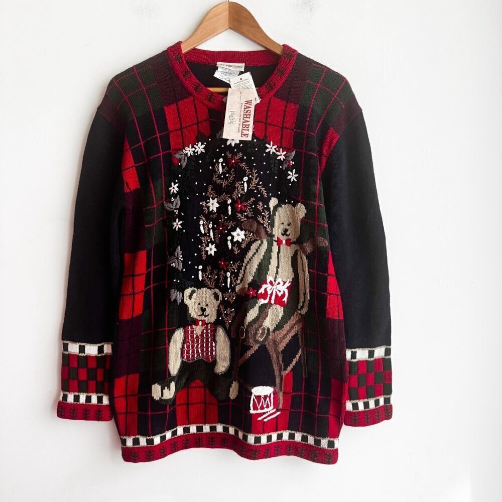 Vintage Northern Traditions Christmas Teddy Beaded Sweater M - Picture 3 of 4